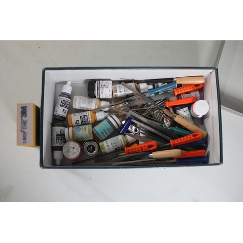 61 - Model Ship Maker's Tools, Accessories, and Mighty Bright Light

- Various paint bottles including:
 ... 