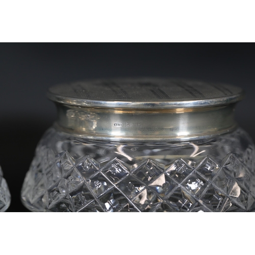 92 - Antique Silver Lidded Glass Pots by Broadway And Co., Detachable Lids, 108 grams each, Size: 13cm wi... 