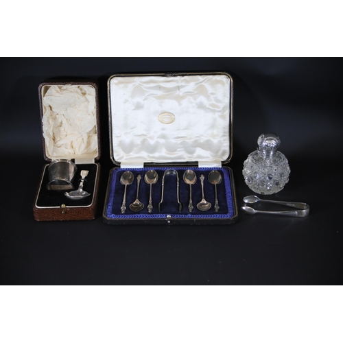 97 - Hallmarked Silver Collection: Spoons, Tongs, Perfume Bottle

- J.B. Yabsley London silver hallmarked... 