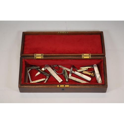 20 - Antique Wooden Box with Intricately Inlaid Lid and Assorted Mother of Pearl Pen Knives Collection  T... 