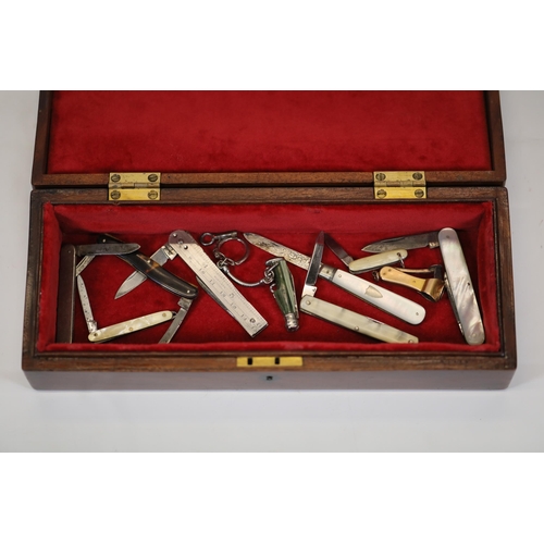 20 - Antique Wooden Box with Intricately Inlaid Lid and Assorted Mother of Pearl Pen Knives Collection  T... 