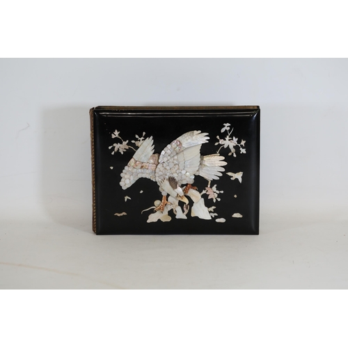 36 - Japanese Lacquer Shibayama Mother of Pearl Album with Ottoman Postcards, circa 1900  This exquisite ... 