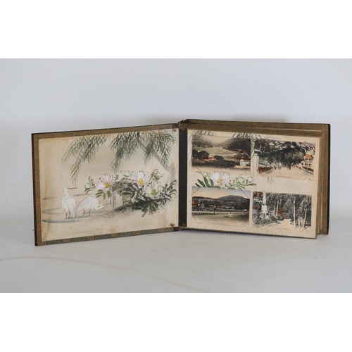 36 - Japanese Lacquer Shibayama Mother of Pearl Album with Ottoman Postcards, circa 1900  This exquisite ... 