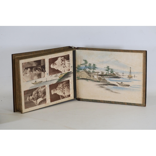 36 - Japanese Lacquer Shibayama Mother of Pearl Album with Ottoman Postcards, circa 1900  This exquisite ... 