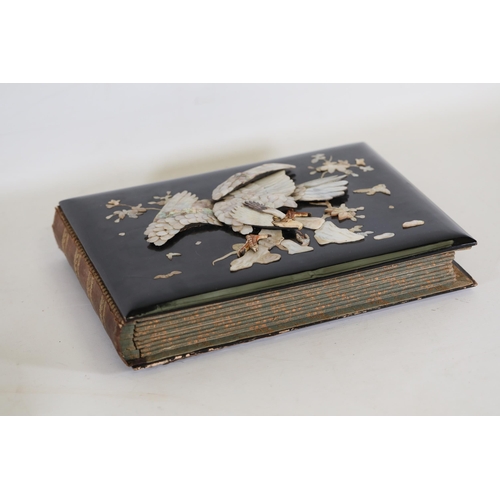 36 - Japanese Lacquer Shibayama Mother of Pearl Album with Ottoman Postcards, circa 1900  This exquisite ... 