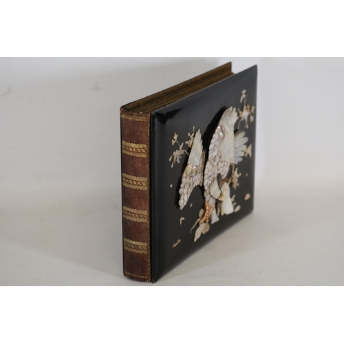 36 - Japanese Lacquer Shibayama Mother of Pearl Album with Ottoman Postcards, circa 1900  This exquisite ... 