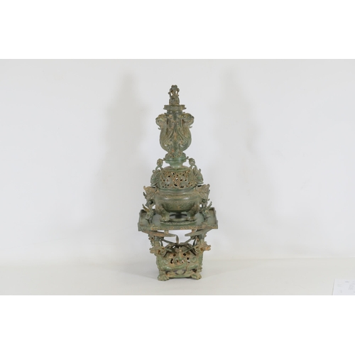 42 - Archaic Bronze Chinese Incense Burner with Intricate Animal Decorations  This exquisite example of a... 