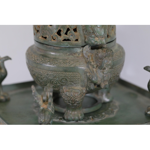 42 - Archaic Bronze Chinese Incense Burner with Intricate Animal Decorations  This exquisite example of a... 