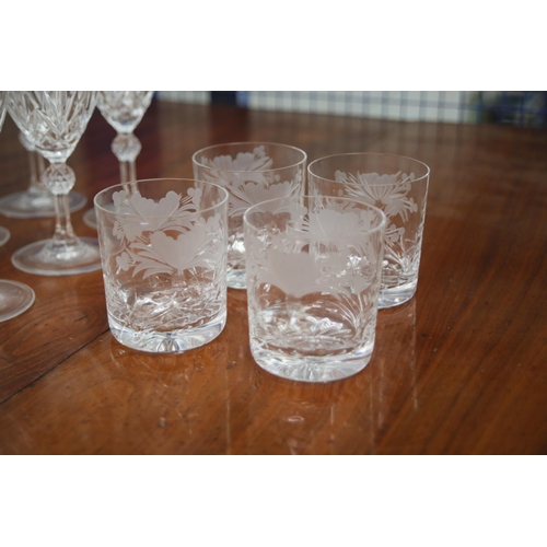 46 - Collection of Crystal Glassware: Ornate Wine Goblets and Etched Tumblers, Richard Brierly   This dis... 