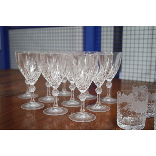 46 - Collection of Crystal Glassware: Ornate Wine Goblets and Etched Tumblers, Richard Brierly   This dis... 