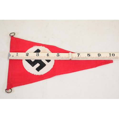 858 - Third Reich NSDAP Pennant with Swastika Symbol and Brass Mounting Rings  This item is a red Third Re... 