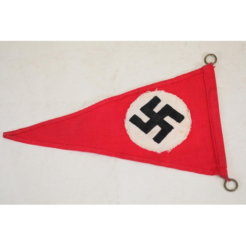 858 - Third Reich NSDAP Pennant with Swastika Symbol and Brass Mounting Rings  This item is a red Third Re... 