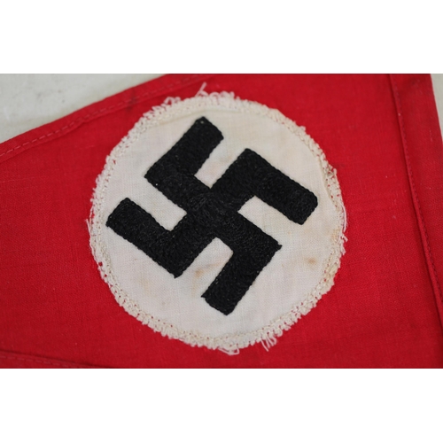 858 - Third Reich NSDAP Pennant with Swastika Symbol and Brass Mounting Rings  This item is a red Third Re... 