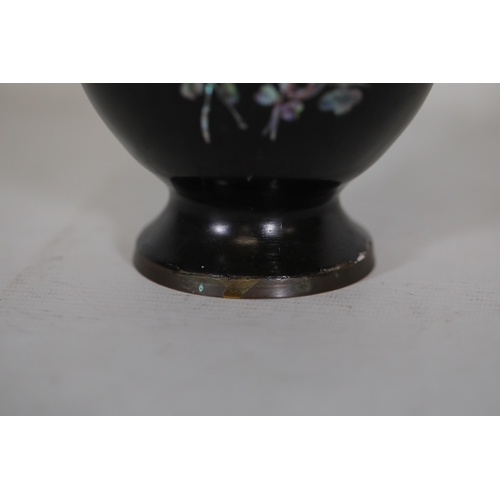 88 - Asian Lacquered Metal Vase with Mother of Pearl Bird and Blossom Design - 23cm height.     An Asian ... 