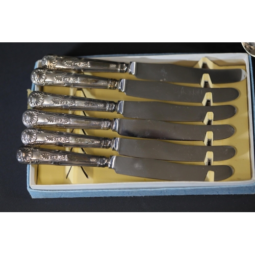 9 - Lot of 6 Silver Topped Butter Knives by Viners Ltd, Sheffield, England, with Silver Tongs and Georgi... 