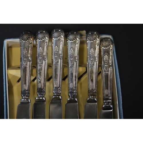 9 - Lot of 6 Silver Topped Butter Knives by Viners Ltd, Sheffield, England, with Silver Tongs and Georgi... 