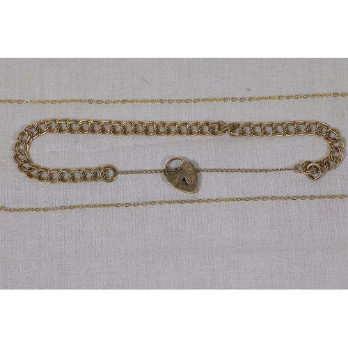 1215 - 9ct Gold Chain and Heart Padlock Bracelet, 8.5g total weightTwo-piece 9ct yellow gold jewellery grou... 
