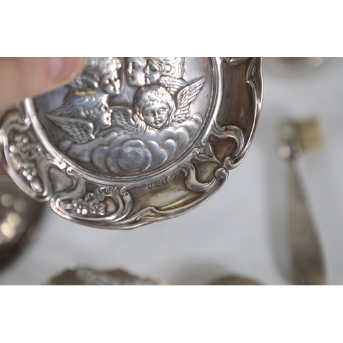 1324 - Mixed antique silver and silver mounted glass tablewares and dressing table piecesA mixed late Victo... 