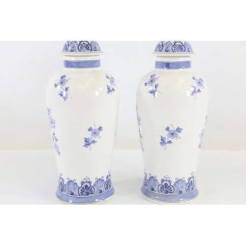 1375 - Pair of Delft Blue and White Lidded Vases with Windmill ScenesMatched pair of Delftware ceramic vase... 