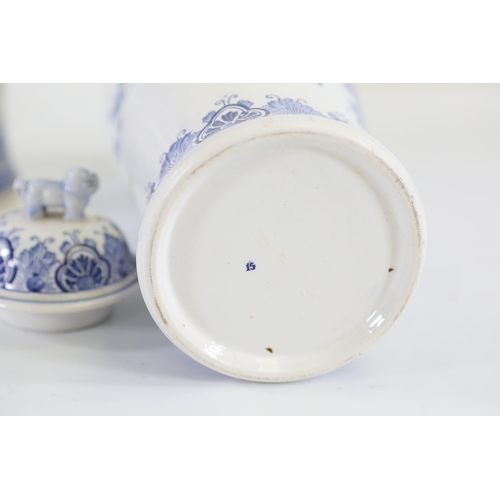 1375 - Pair of Delft Blue and White Lidded Vases with Windmill ScenesMatched pair of Delftware ceramic vase... 