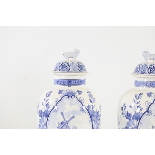 1375 - Pair of Delft Blue and White Lidded Vases with Windmill ScenesMatched pair of Delftware ceramic vase... 