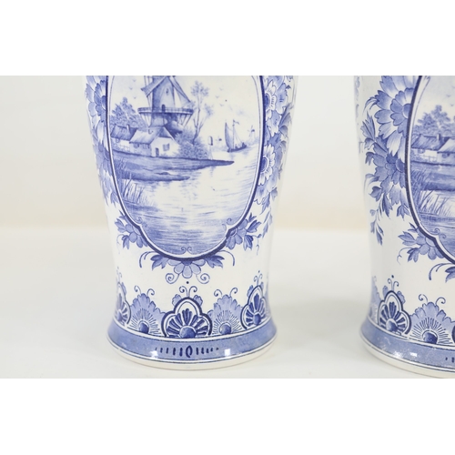 1375 - Pair of Delft Blue and White Lidded Vases with Windmill ScenesMatched pair of Delftware ceramic vase... 