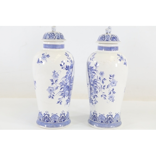 1375 - Pair of Delft Blue and White Lidded Vases with Windmill ScenesMatched pair of Delftware ceramic vase... 