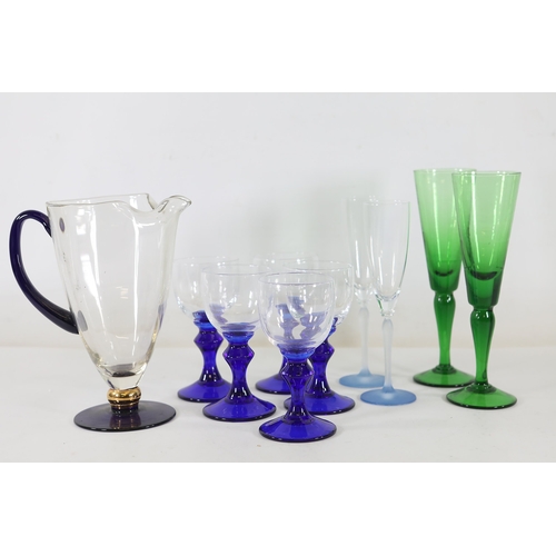 971 - Cobalt, Green and Frosted Glass Stemware with Blown Jug, 10 PiecesA cohesive collection of hand-craf... 