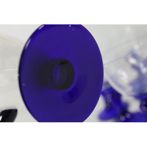 971 - Cobalt, Green and Frosted Glass Stemware with Blown Jug, 10 PiecesA cohesive collection of hand-craf... 