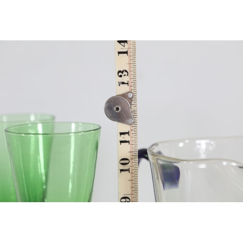 971 - Cobalt, Green and Frosted Glass Stemware with Blown Jug, 10 PiecesA cohesive collection of hand-craf... 