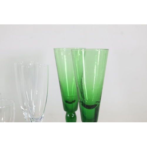 971 - Cobalt, Green and Frosted Glass Stemware with Blown Jug, 10 PiecesA cohesive collection of hand-craf... 
