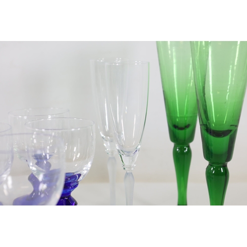 971 - Cobalt, Green and Frosted Glass Stemware with Blown Jug, 10 PiecesA cohesive collection of hand-craf... 