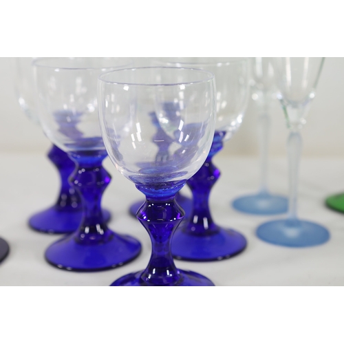 971 - Cobalt, Green and Frosted Glass Stemware with Blown Jug, 10 PiecesA cohesive collection of hand-craf... 
