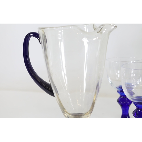 971 - Cobalt, Green and Frosted Glass Stemware with Blown Jug, 10 PiecesA cohesive collection of hand-craf... 