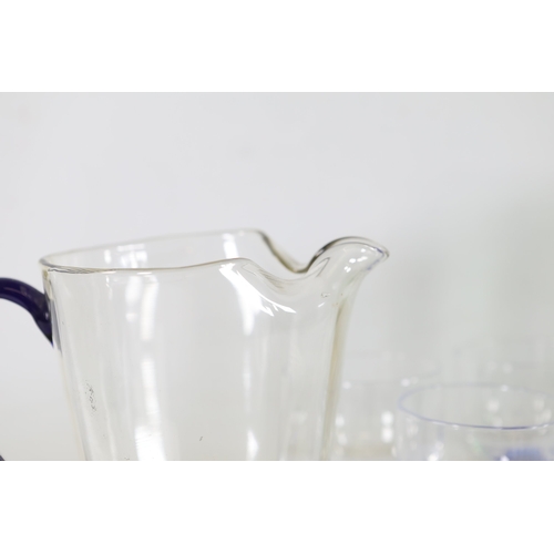 971 - Cobalt, Green and Frosted Glass Stemware with Blown Jug, 10 PiecesA cohesive collection of hand-craf... 