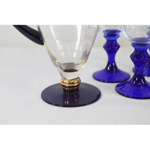 971 - Cobalt, Green and Frosted Glass Stemware with Blown Jug, 10 PiecesA cohesive collection of hand-craf... 