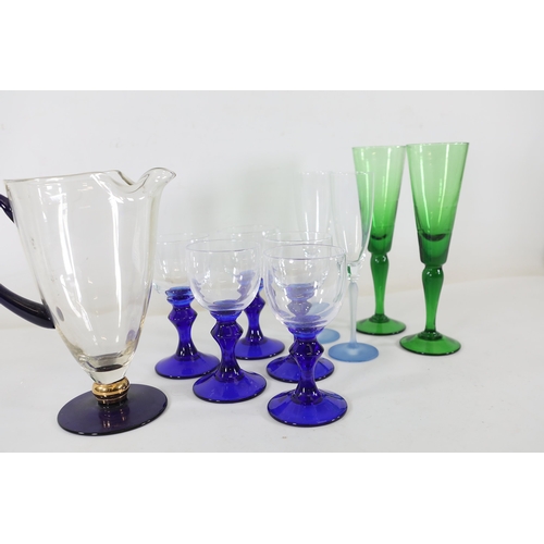971 - Cobalt, Green and Frosted Glass Stemware with Blown Jug, 10 PiecesA cohesive collection of hand-craf... 
