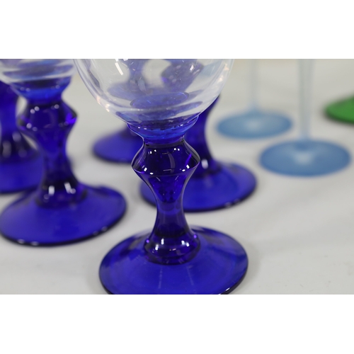 971 - Cobalt, Green and Frosted Glass Stemware with Blown Jug, 10 PiecesA cohesive collection of hand-craf... 