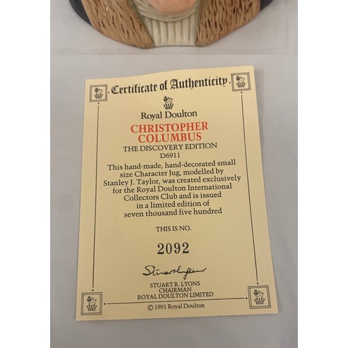 62 - Royal Doulton Character Jug Small Christopher Columbus with Certificate