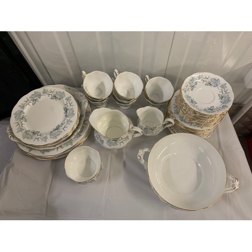 78 - Forty-Eight Pieces of Royal Albert Silver Maple. Includes Trios, Dinner Plates, Milk Jug, Sugar Bowl... 