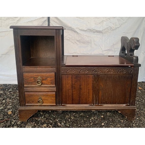 367 - Vintage Mid to Early Century Telephone Seat with Carved Lion Arm and Two Drawers (COLLECT FROM VENDO... 