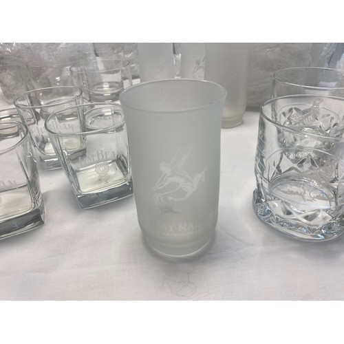 497 - Large selection of branded whiskey glasses, to include 10X Famous Grouse, 6 Jim Beam, 6 Balvenie, 18... 