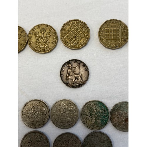 501 - Selection of Six Pence, Three Pence and a 1909 Farthing