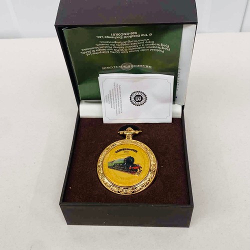 187 - Flying Scotsman Bradford Exchange commemorative pocket watch 100 mph limited edition, gold-tone with... 