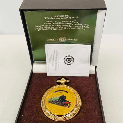 187 - Flying Scotsman Bradford Exchange commemorative pocket watch 100 mph limited edition, gold-tone with... 