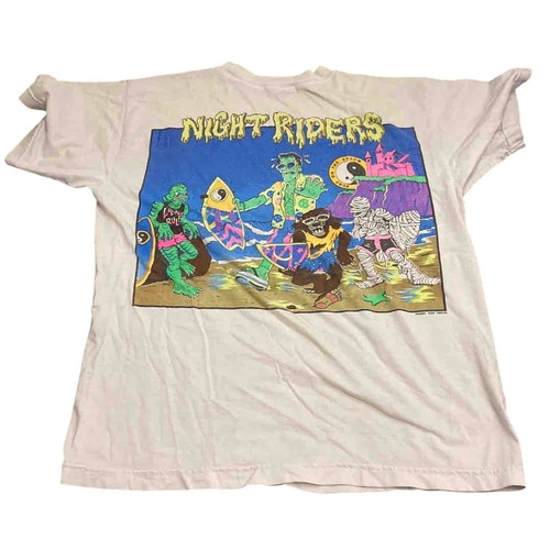 2 - White cotton T-shirt, back featuring colourful Night Riders monster-surfer graphic, small yin-yang Y... 