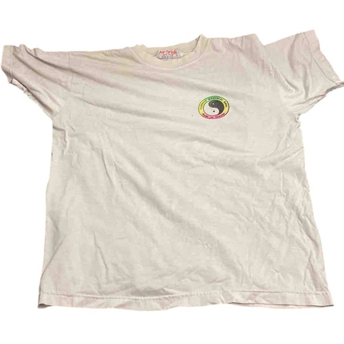 2 - White cotton T-shirt, back featuring colourful Night Riders monster-surfer graphic, small yin-yang Y... 
