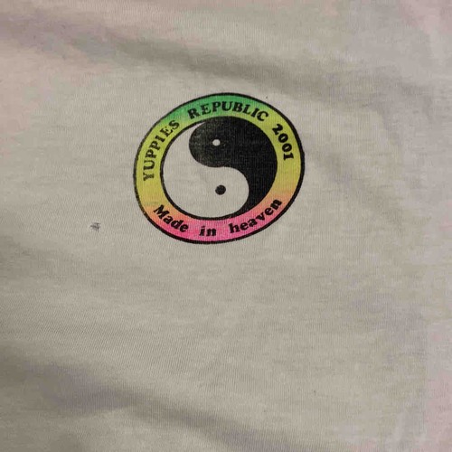 2 - White cotton T-shirt, back featuring colourful Night Riders monster-surfer graphic, small yin-yang Y... 