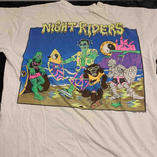 2 - White cotton T-shirt, back featuring colourful Night Riders monster-surfer graphic, small yin-yang Y... 