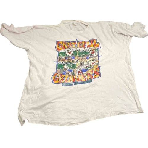 4 - White cotton short-sleeve T-shirt with front multicolour Grateful Growers graphic and reverse green ... 